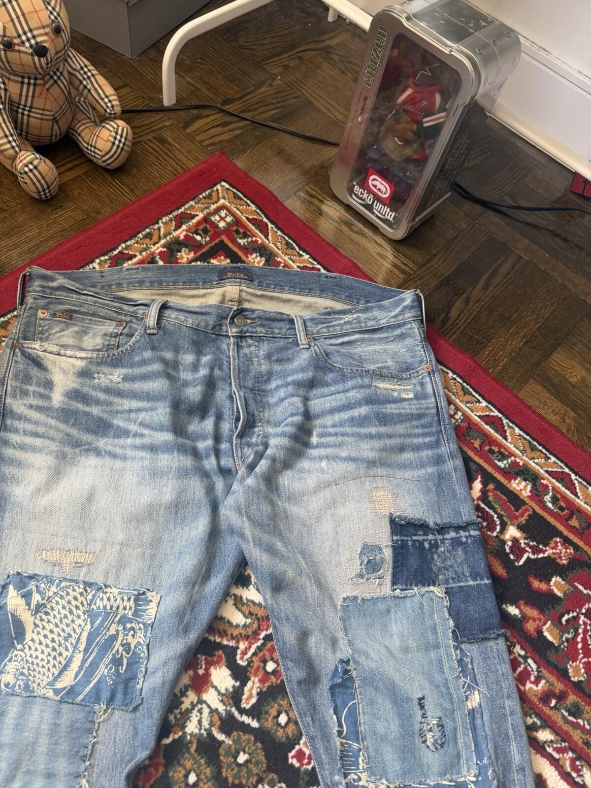 Polo Ralph Lauren Fish Patchwork Jeans Repaired Distressed Denim Size 38/30