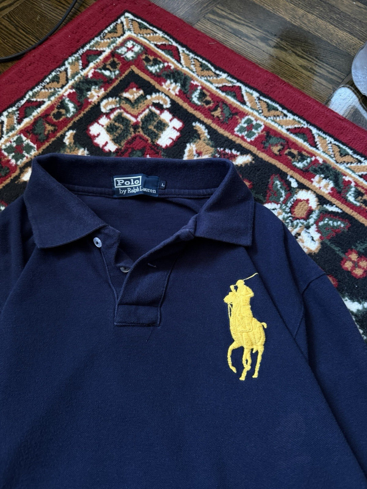 Vintage Polo Ralph Lauren Men Big Pony #3 Rugby Polo Long Sleeve Navy (Sz L) USA
