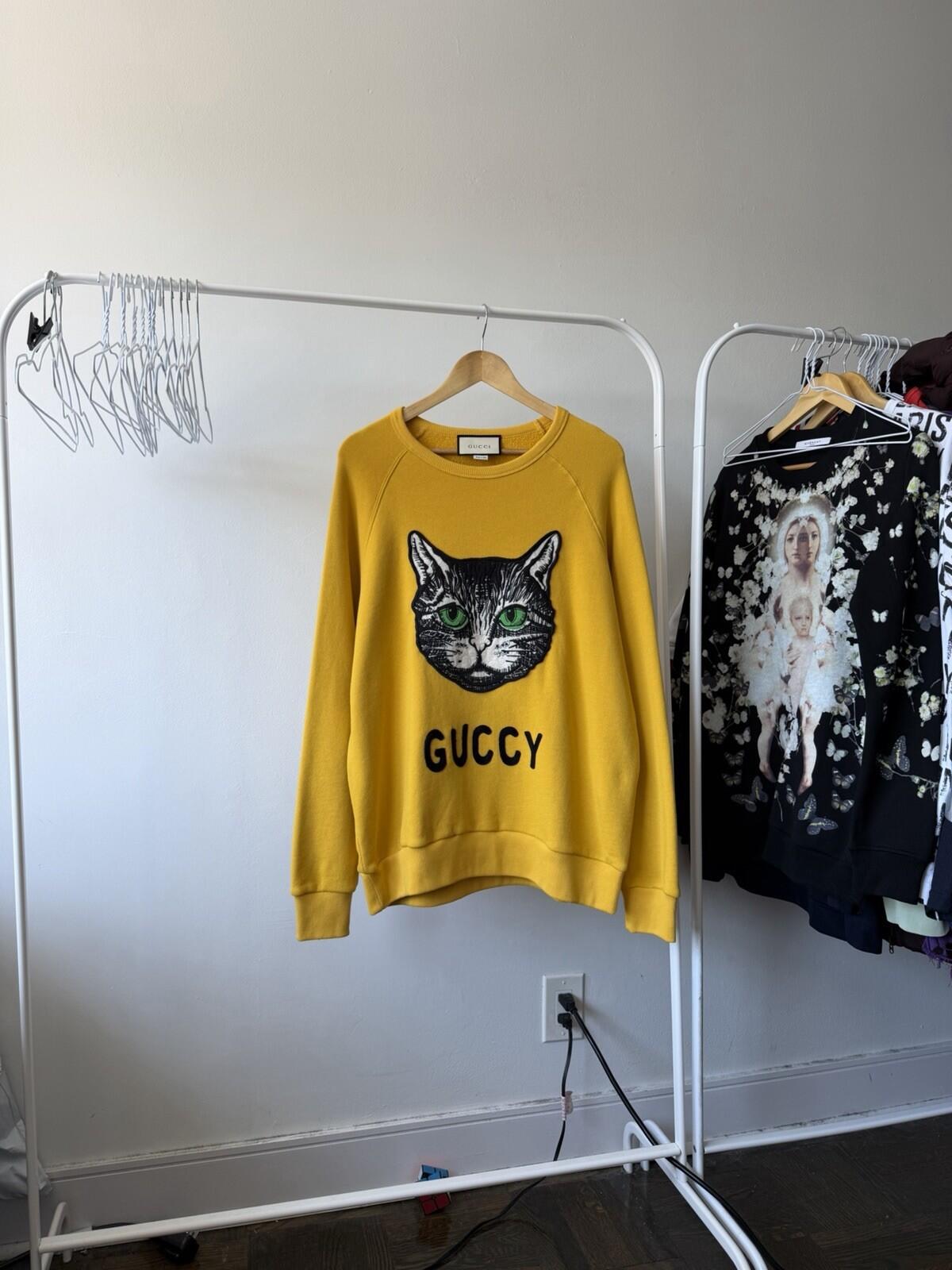 Authentic Gucci Yellow Mustard Mystic Cat Sweatshirt  L Embroidered Gucc