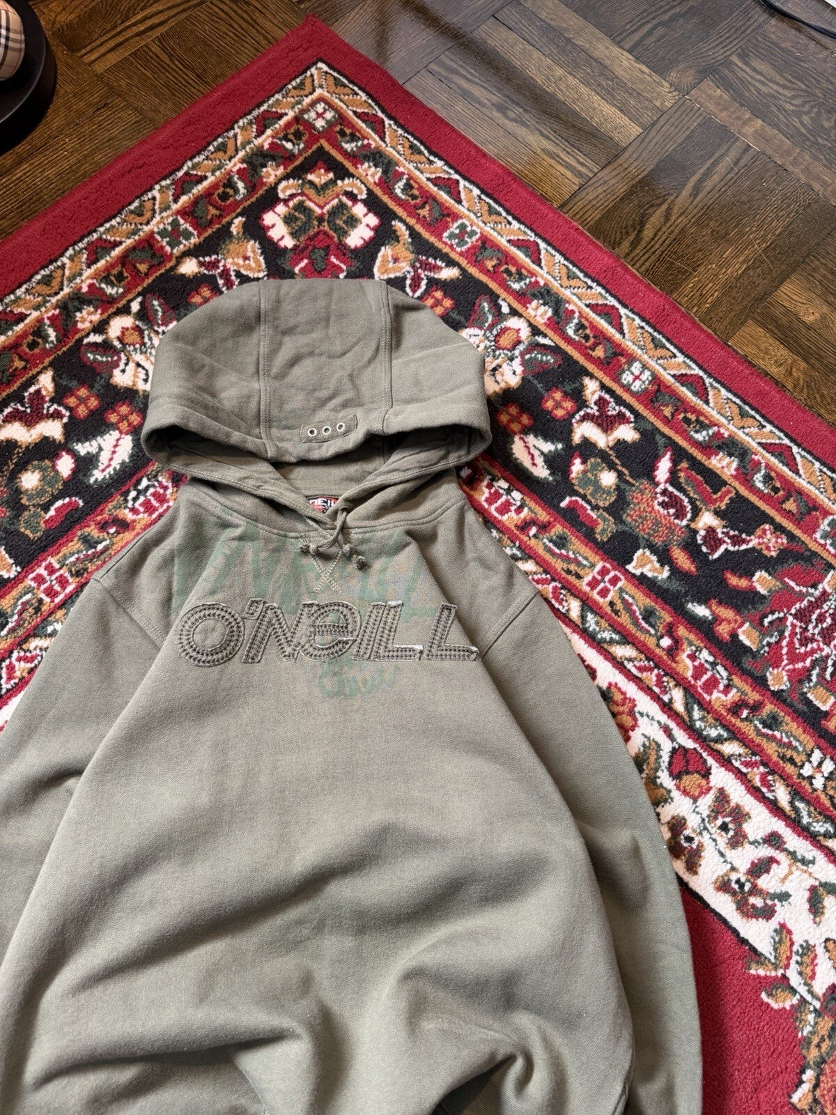 VTG Y2K Oneill Hoodie Sweatshirt Mens Size M Olive Big Spellout Logo Streetwear