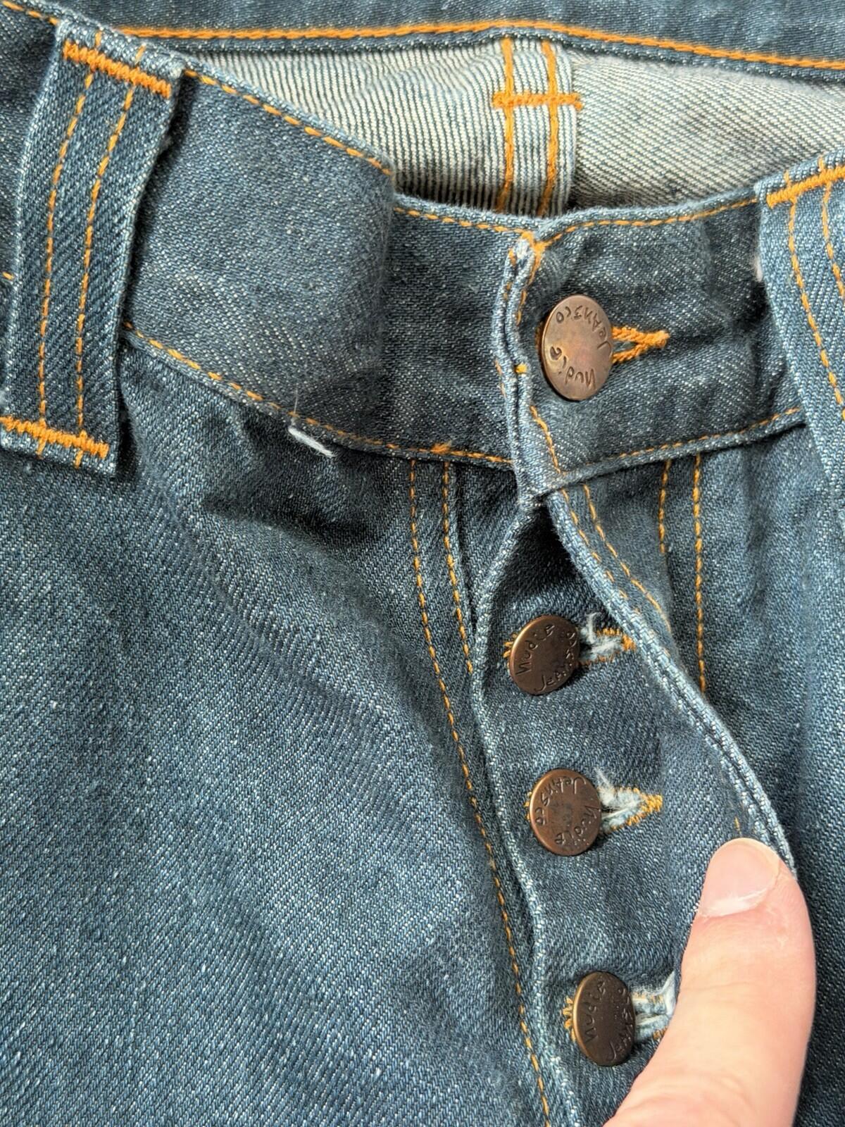 Nudie Grim Tim Organic Dry Greencast Button Fly 36 X 34 Jeans Vintage Blue