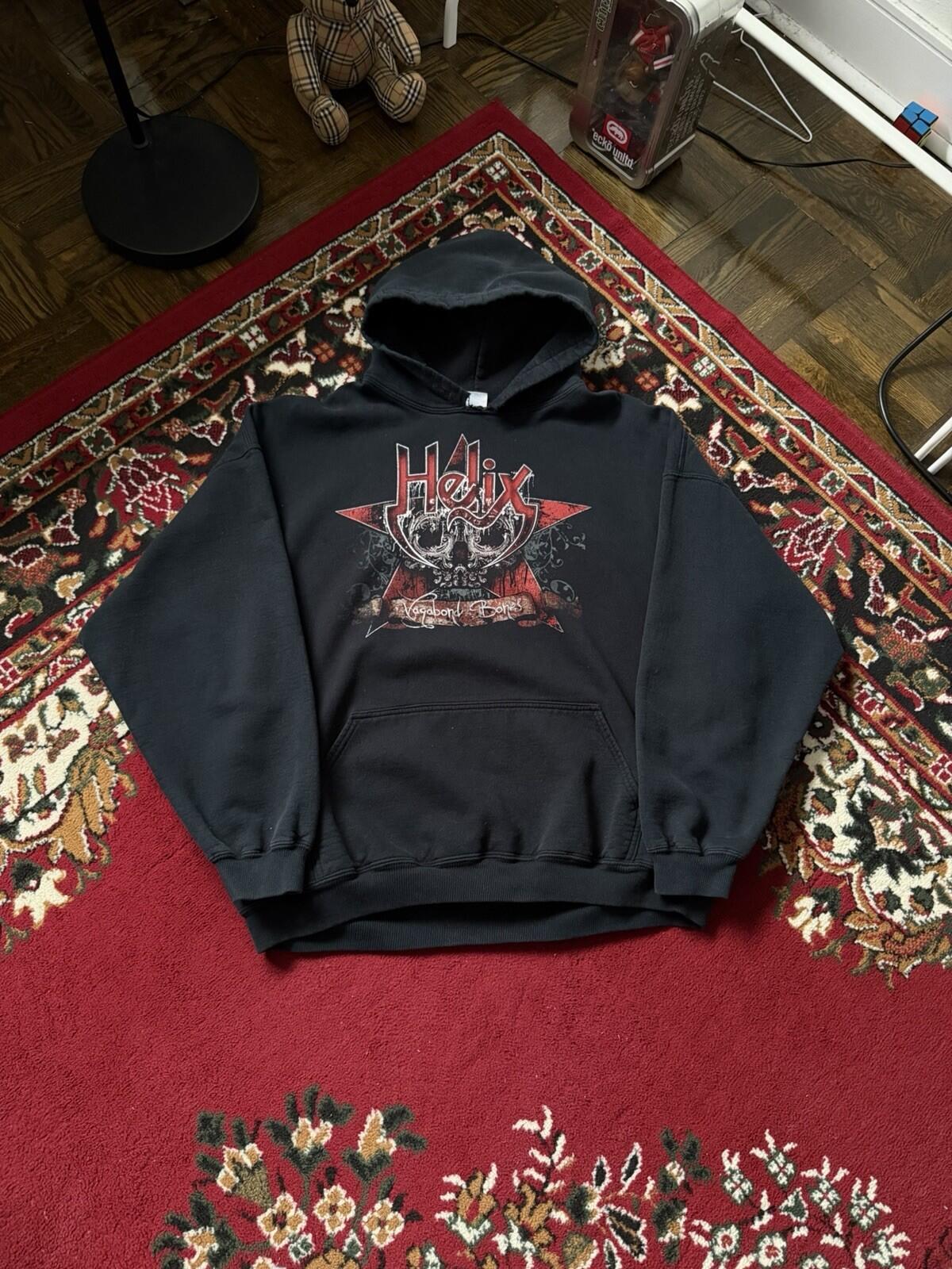Vintage Vagabond Bones by Helix Skull Blood Band Hoodie Double Sided Gildan 00s