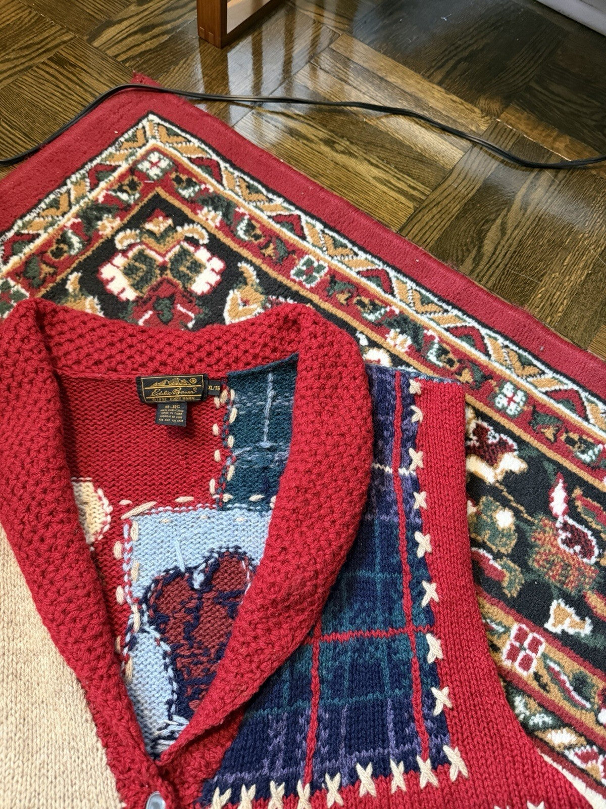 Vintage Eddie Bauer Sweater Vest Mens XL Wool Knit Patriotic Patchwork 90s USA