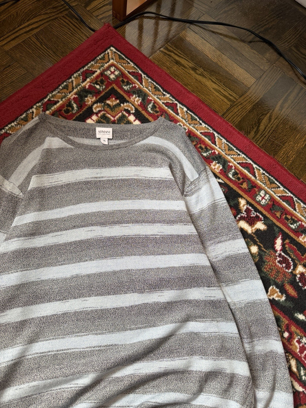 Armani Collezioni Mens Gingham Sweater XL Gray Blue Linen Viscose