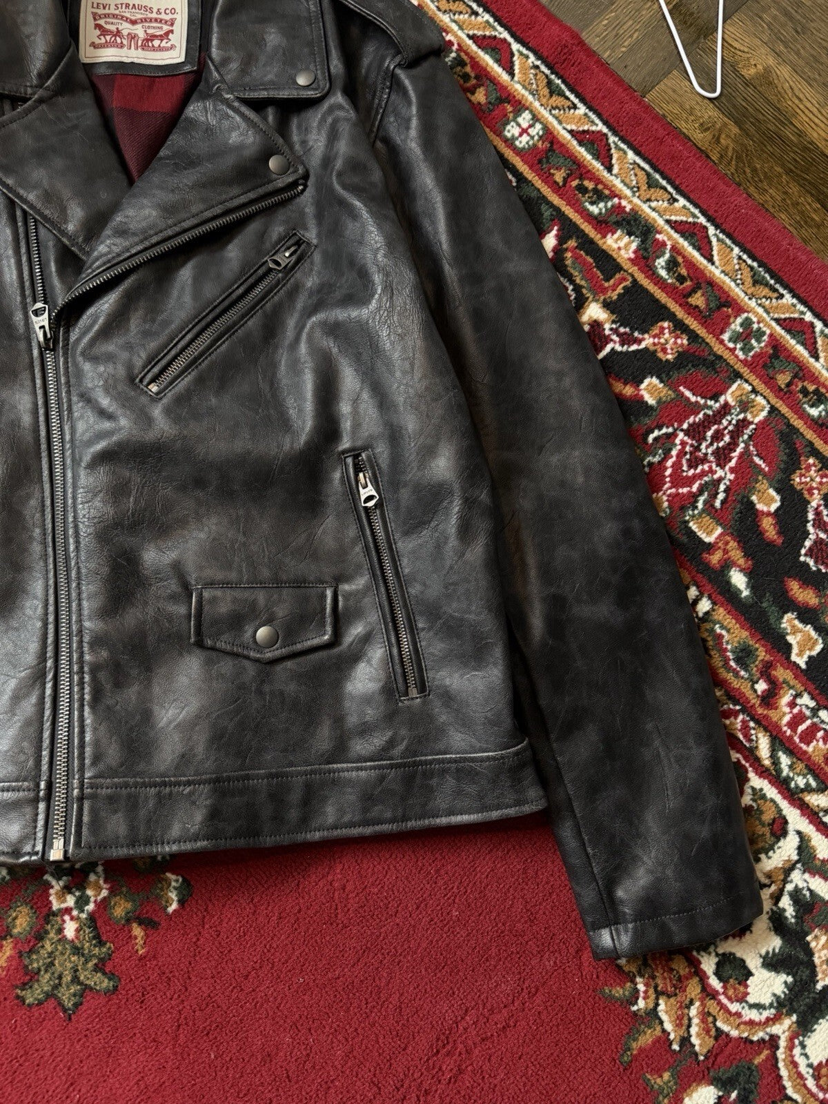 Levi’s Black Faux Leather Moto Jacket Men’s Large Biker USA Buffalo Plaid Lining