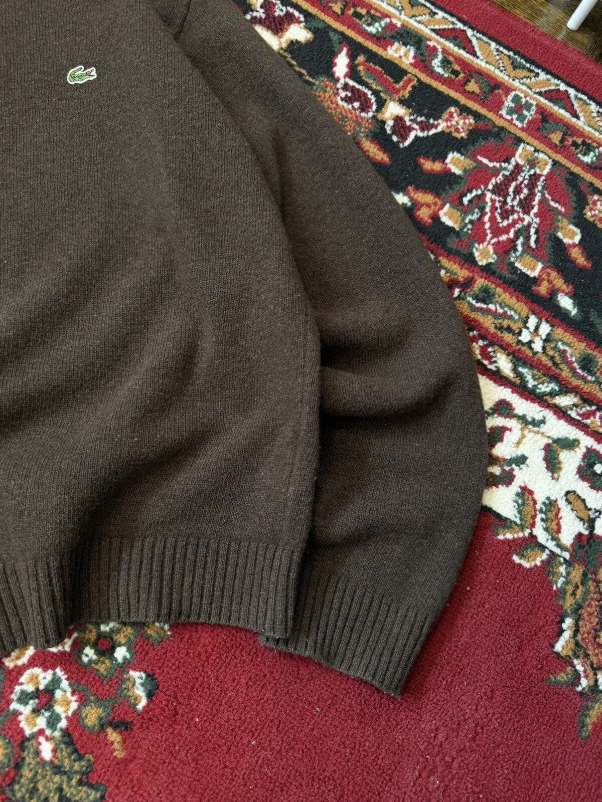 90s Lacoste Vintage Wool Mocha Brown Knit Full Zip Sweater Mens XL