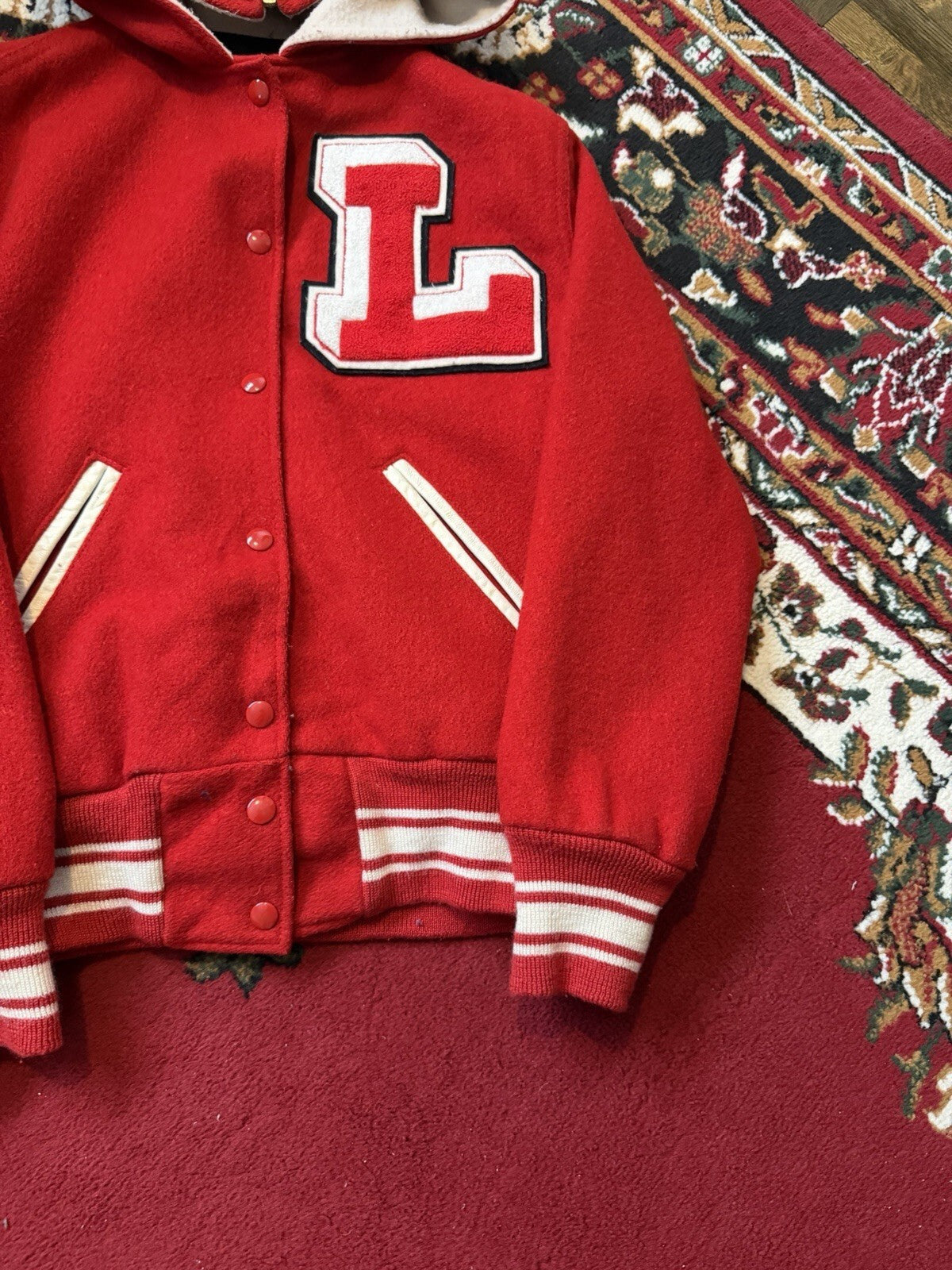 90s Holloway Varsity Letterman Wool Bomber Jacket Zip Hood Red Women’s Medium