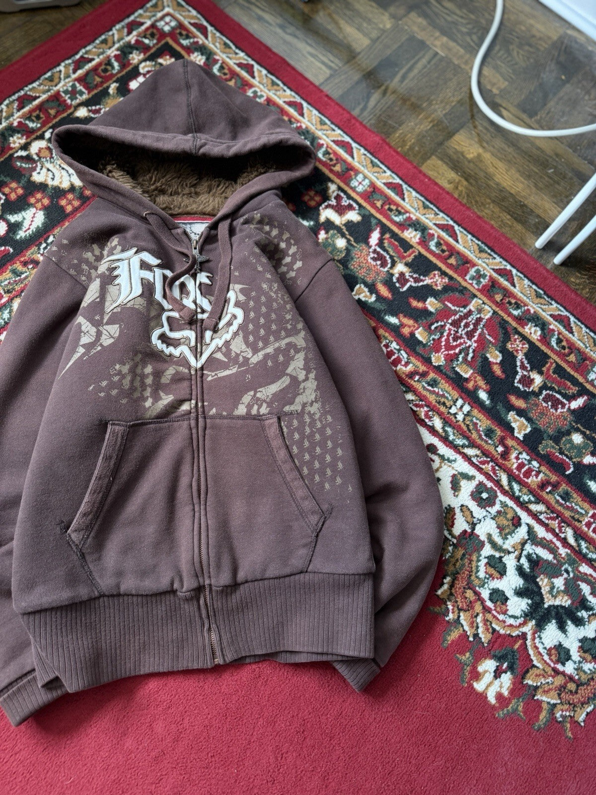 Vtg Y2K Fox Racing Sasquatch Fur Lined Full Zip Hoodie Small Mocha Brown Jacket