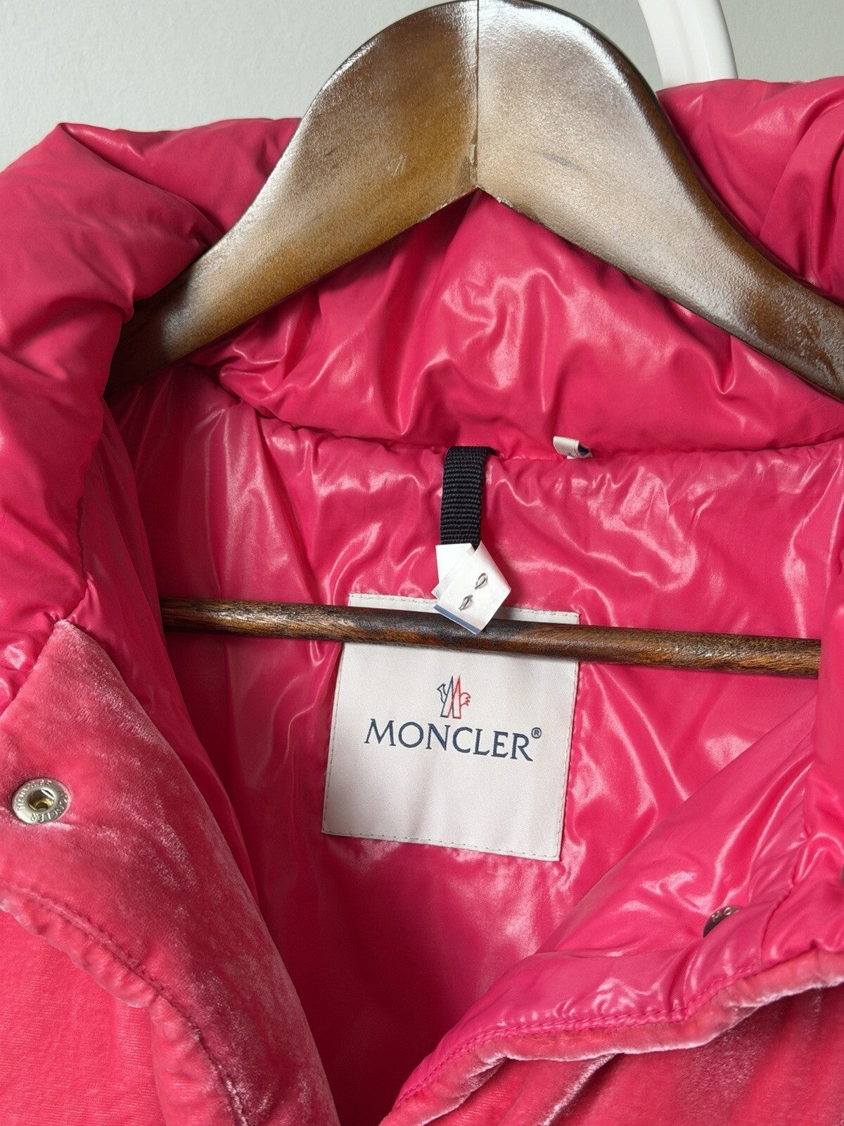 Moncler Fuchsia Caille Velvet Puffer Jacket Coat Womens 0 Pink
