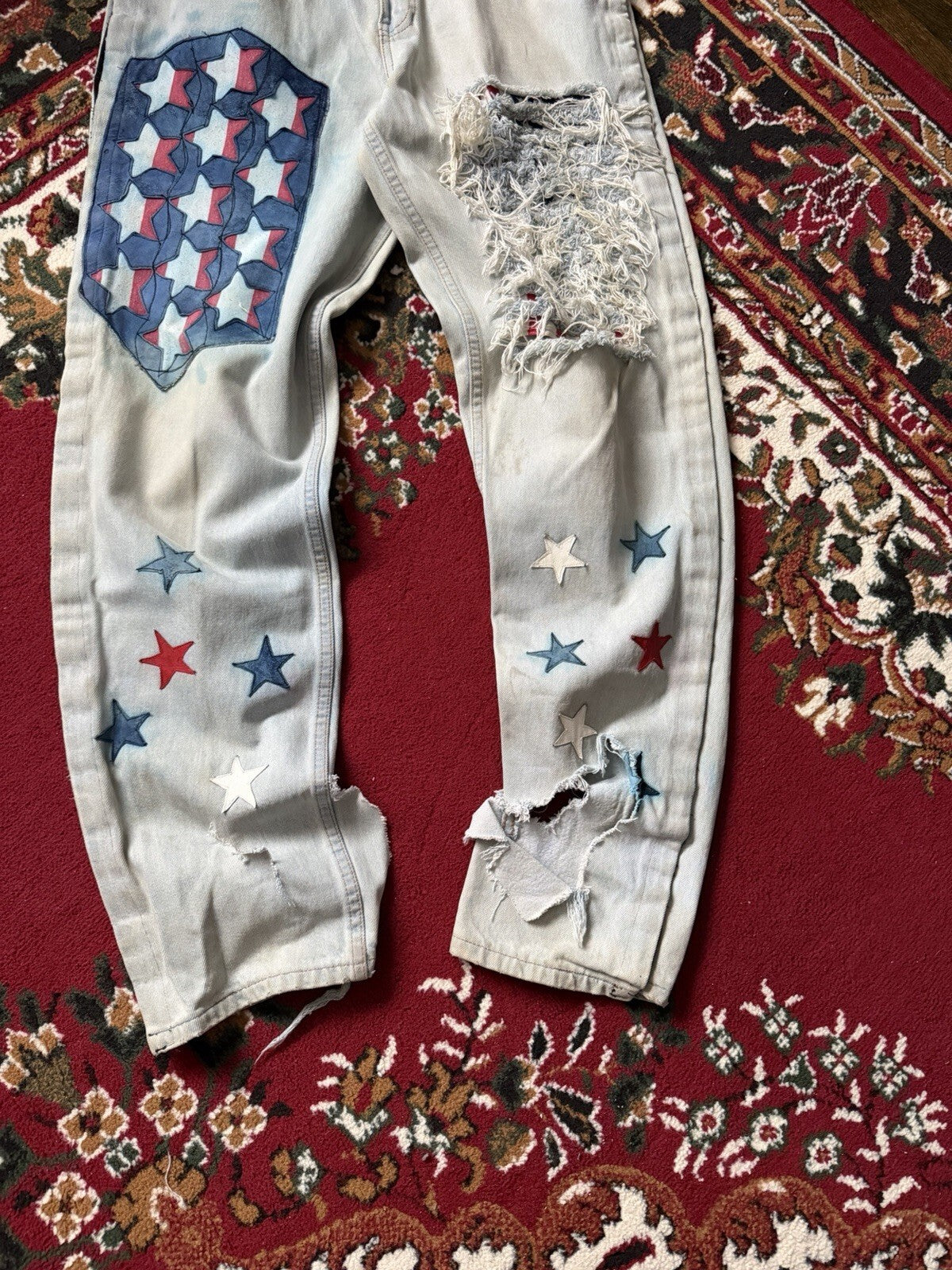 Vintage 90s Parasuco Distressed USA Flag Stars Jeans Light Wash Denim
