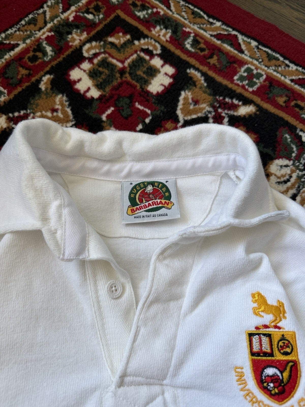 Vintage Barbarian Rugby Shirt Mens Small University of Guelph White  Polo