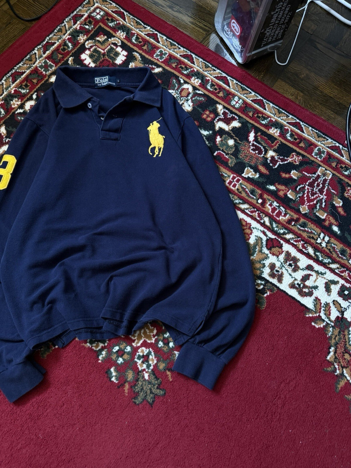 Vintage Polo Ralph Lauren Men Big Pony #3 Rugby Polo Long Sleeve Navy (Sz L) USA