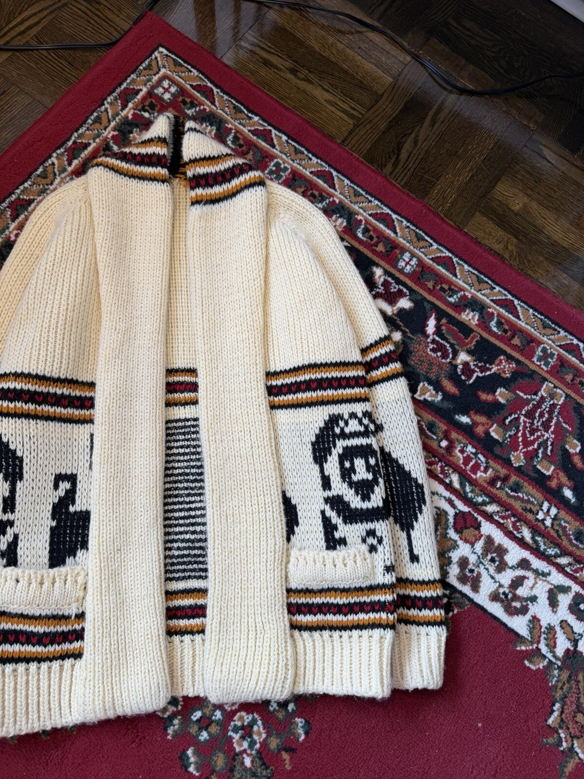 Vintage 70s Hand knit Cowichan Cardigan Lama Open Robe Style Sweater Sz S/M