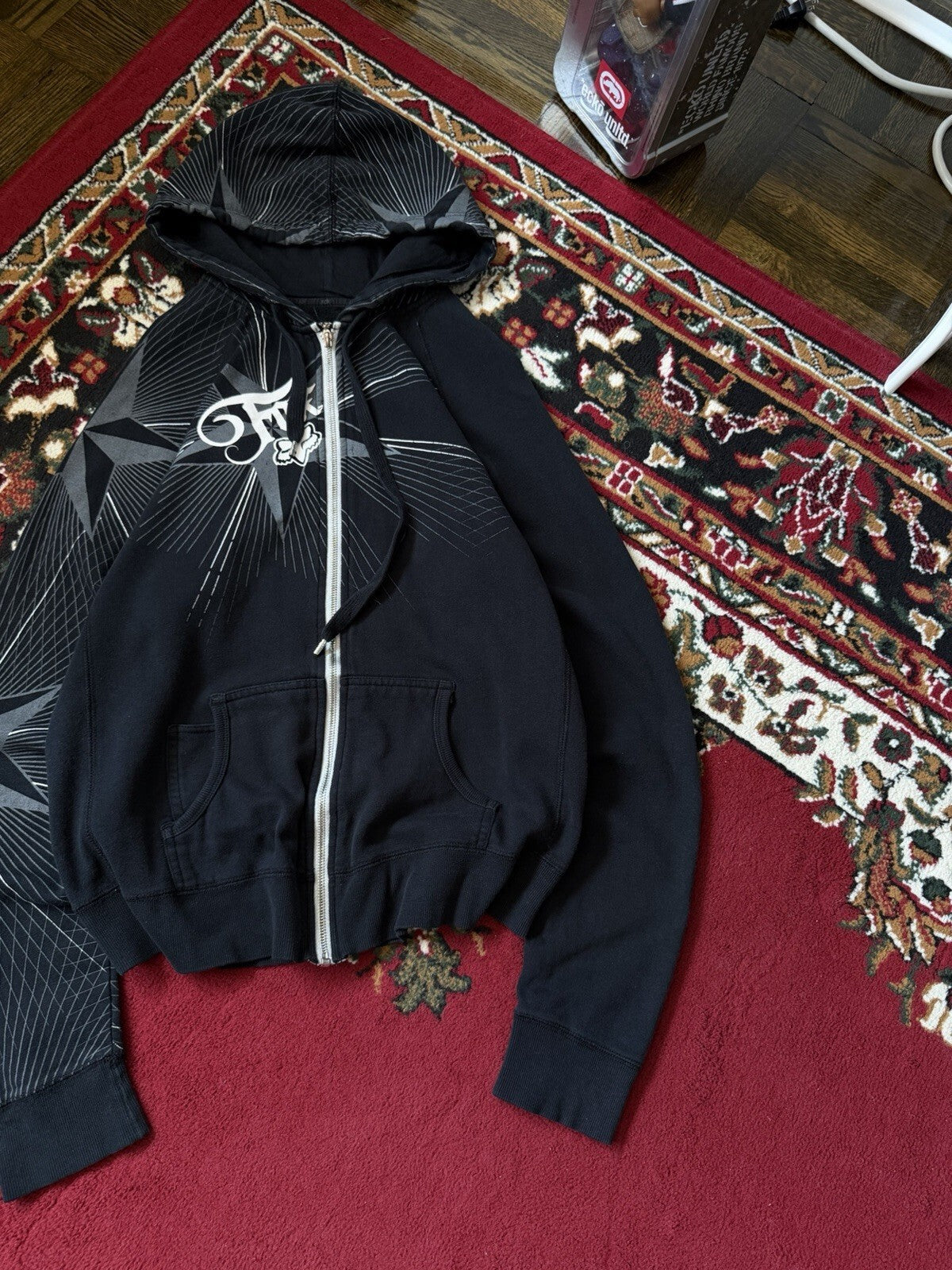 Y2K Fox Vintage All Over Print Grunge Women's XL Black Full-Zip Up Hoodie