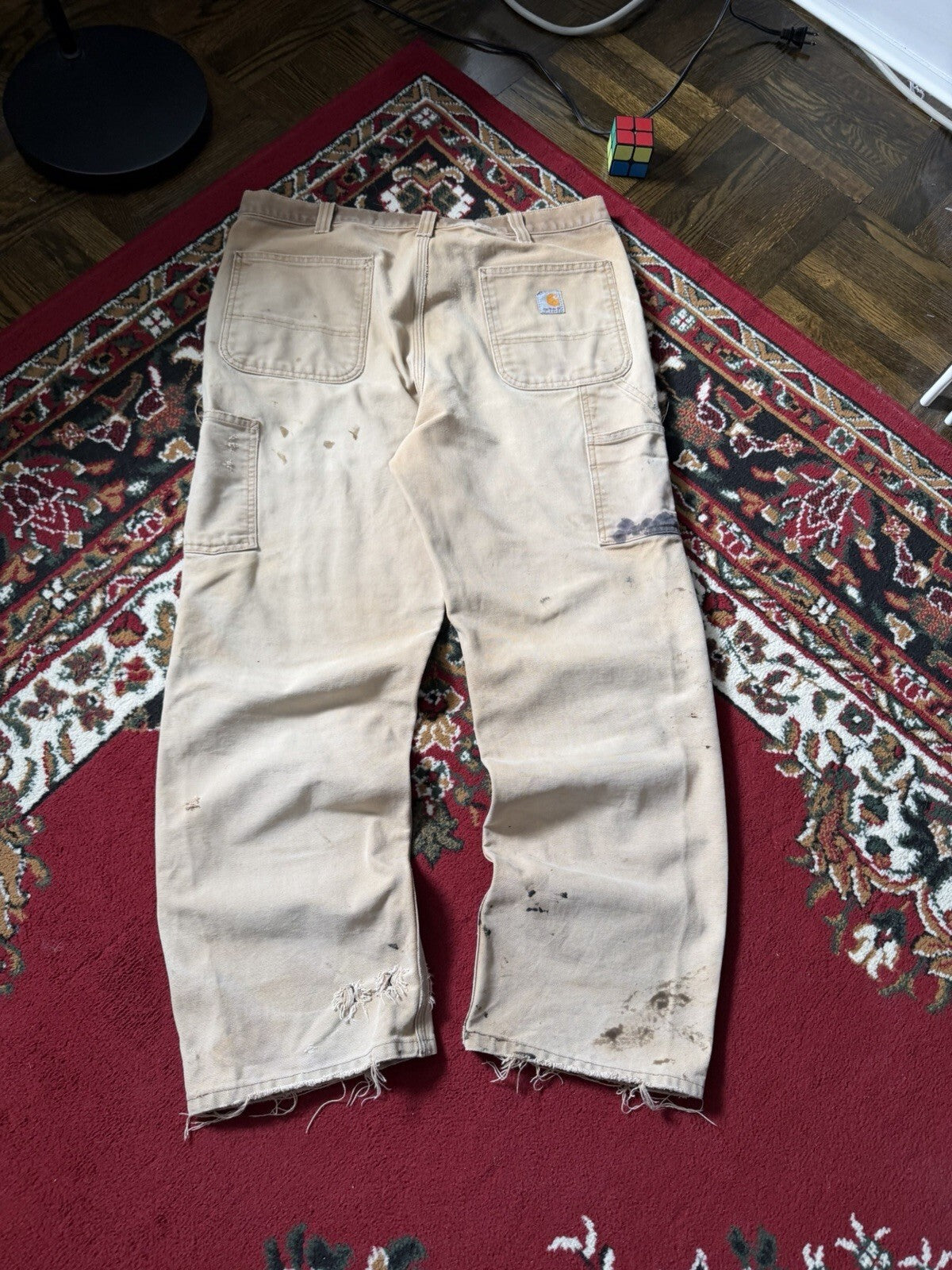 Carhartt Relaxed Fit Single Knee Pants Beige Thrashed Faded Size 36/36 Y2K