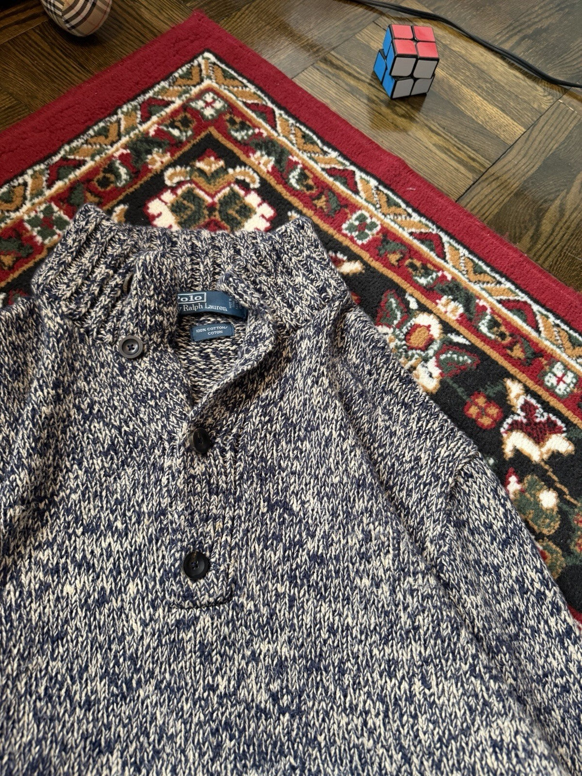 VTG Polo Ralph Lauren Mens Medium Shawl Collar Sweater Marled Blue Chunky Knit