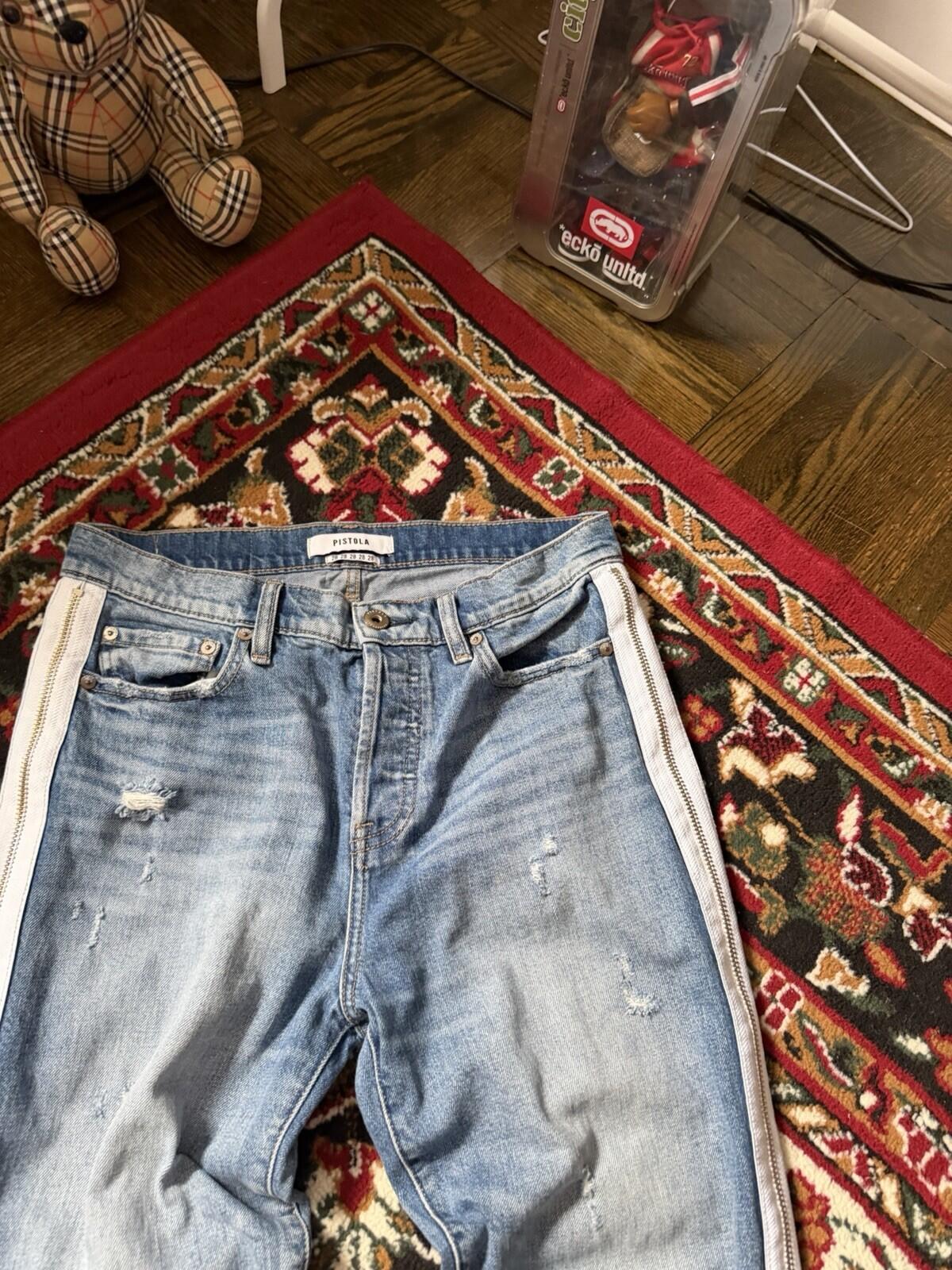 Pistola Women's Straight Zipped Distressed Denim Jeans Blue Pants Size 28