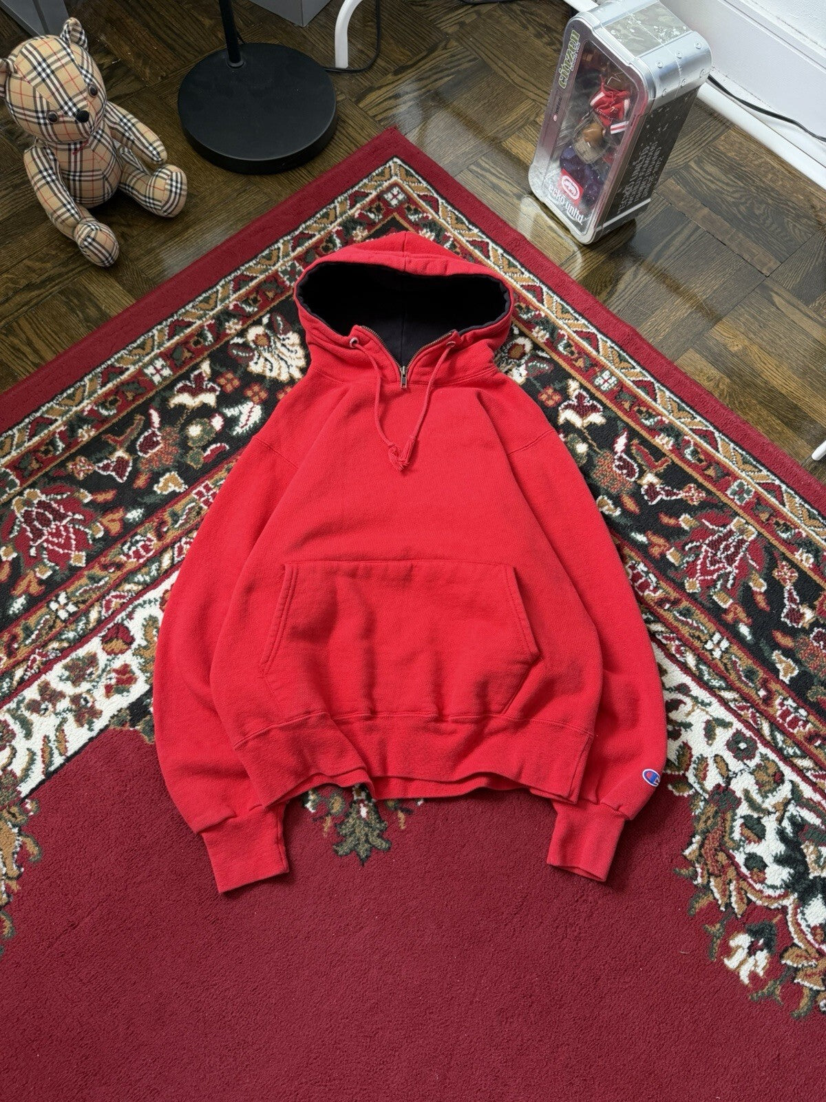 Vintage Champion Hoodie Small  80s 1/5 Zip Activewear Sweatshirt Red