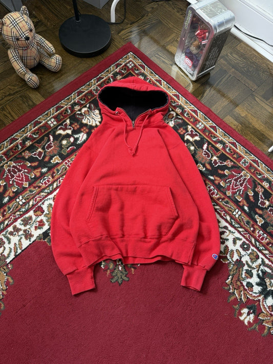 Vintage Champion Hoodie Small  80s 1/5 Zip Activewear Sweatshirt Red