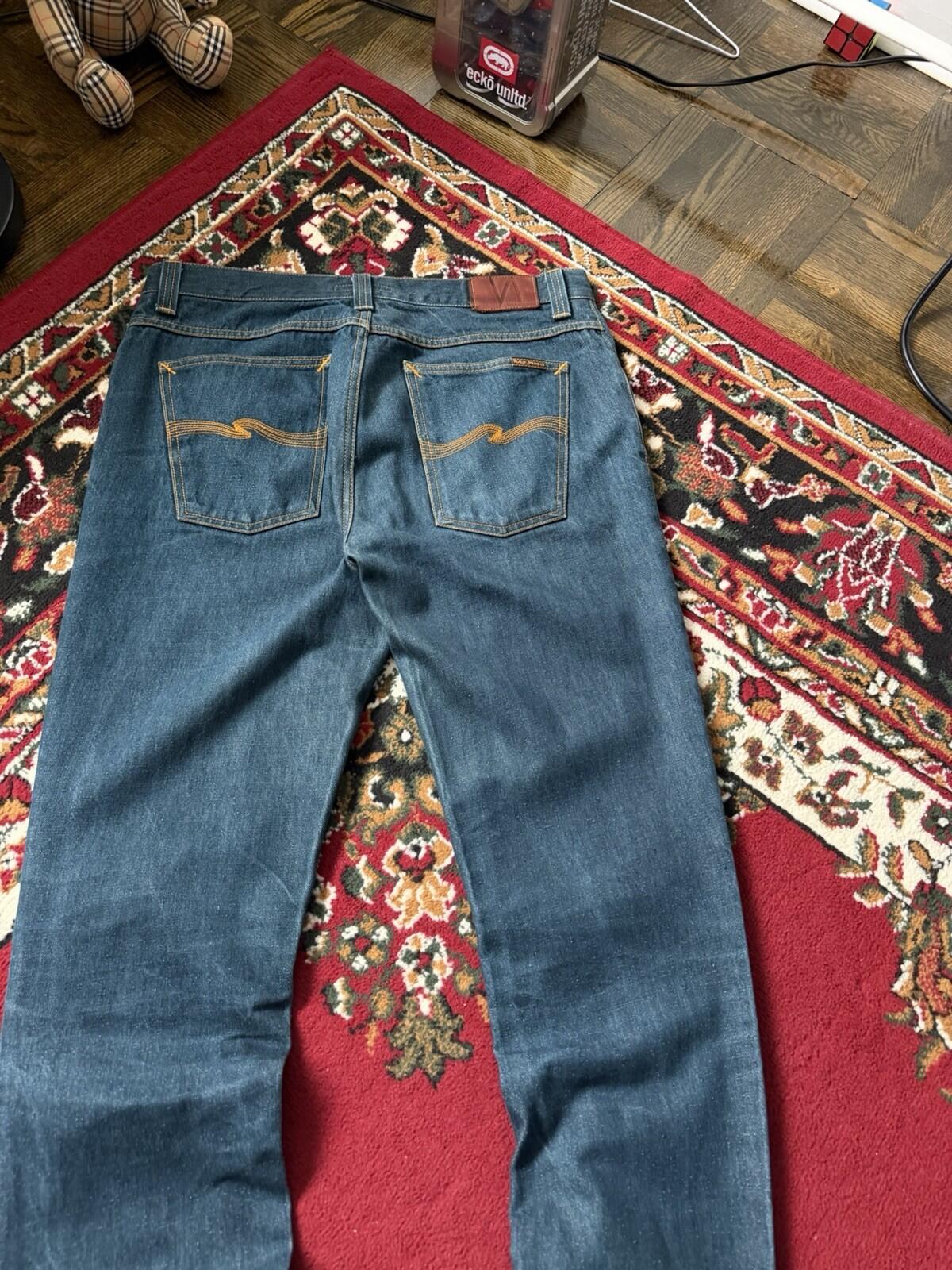 Nudie Grim Tim Organic Dry Greencast Button Fly 36 X 34 Jeans Vintage Blue