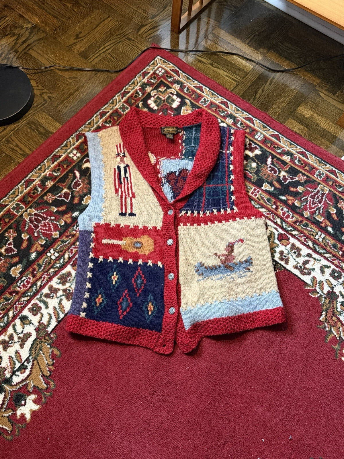 Vintage Eddie Bauer Sweater Vest Mens XL Wool Knit Patriotic Patchwork 90s USA