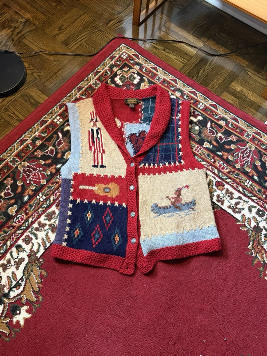 Vintage Eddie Bauer Sweater Vest Mens XL Wool Knit Patriotic Patchwork 90s USA