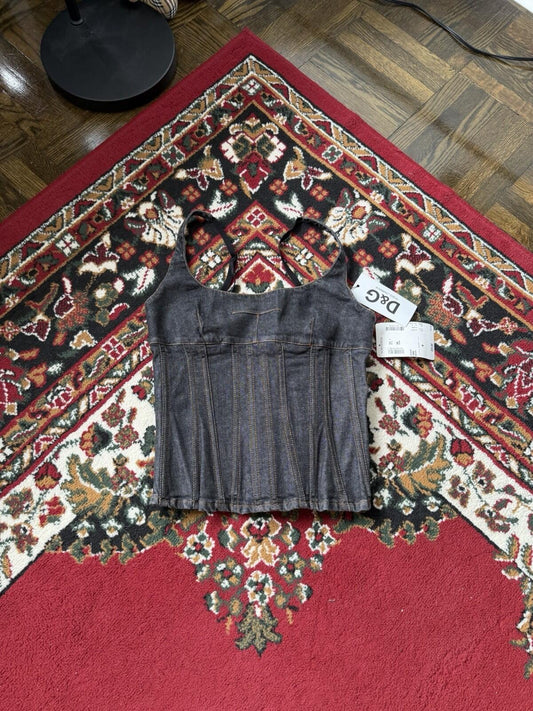 00s Archive Dolce & Gabbana Denim Pleated Gray Corset Top DG Jean Top Y2K