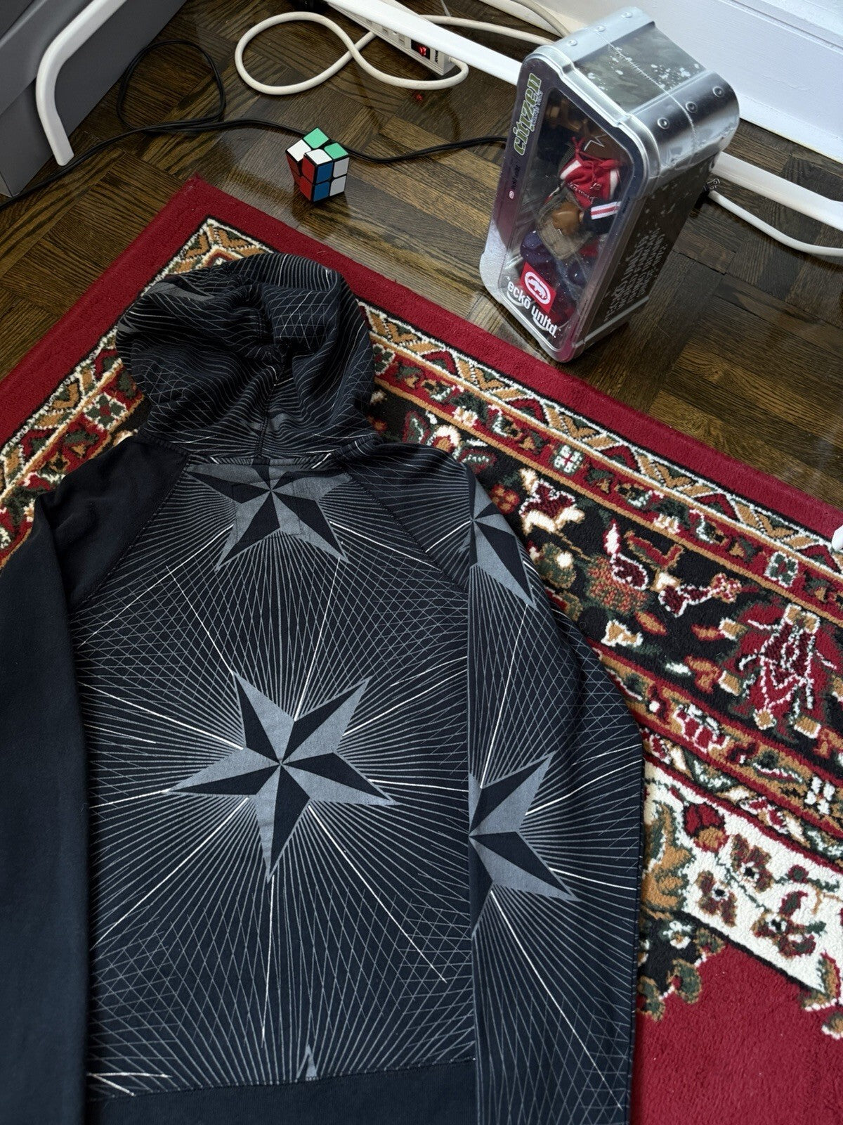 Y2K Fox Vintage All Over Print Grunge Women's XL Black Full-Zip Up Hoodie