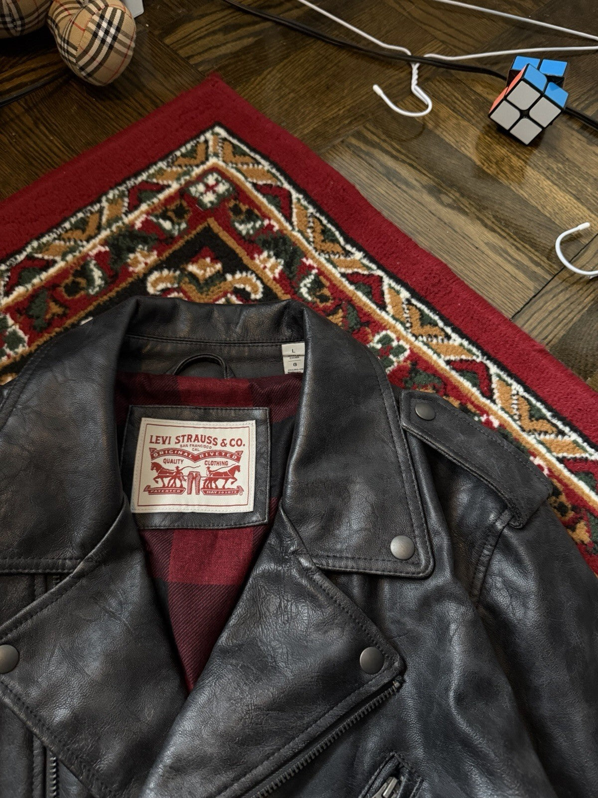 Levi’s Black Faux Leather Moto Jacket Men’s Large Biker USA Buffalo Plaid Lining