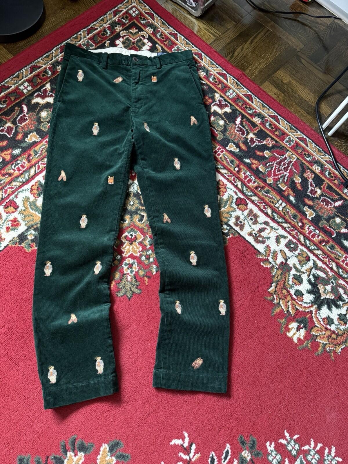 Polo Ralph Lauren Bear Slim Green Corduroy Embroidered Pants Size 30/30