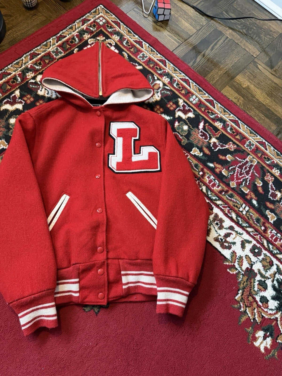 90s Holloway Varsity Letterman Wool Bomber Jacket Zip Hood Red Women’s Medium