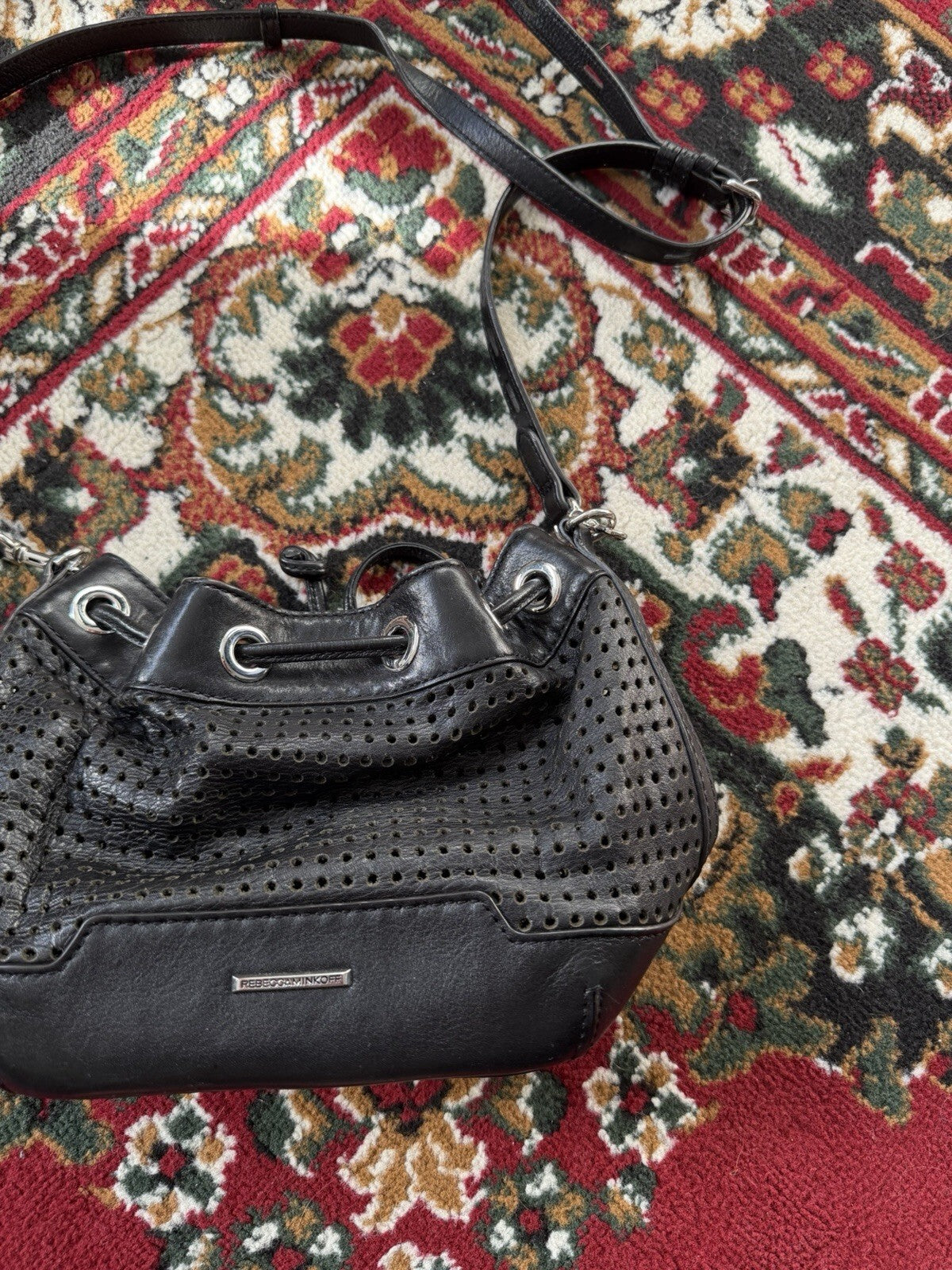 Rebecca Minkoff Perforated Leather Drawstring Bucket Bag Black Crossbody Shoulde