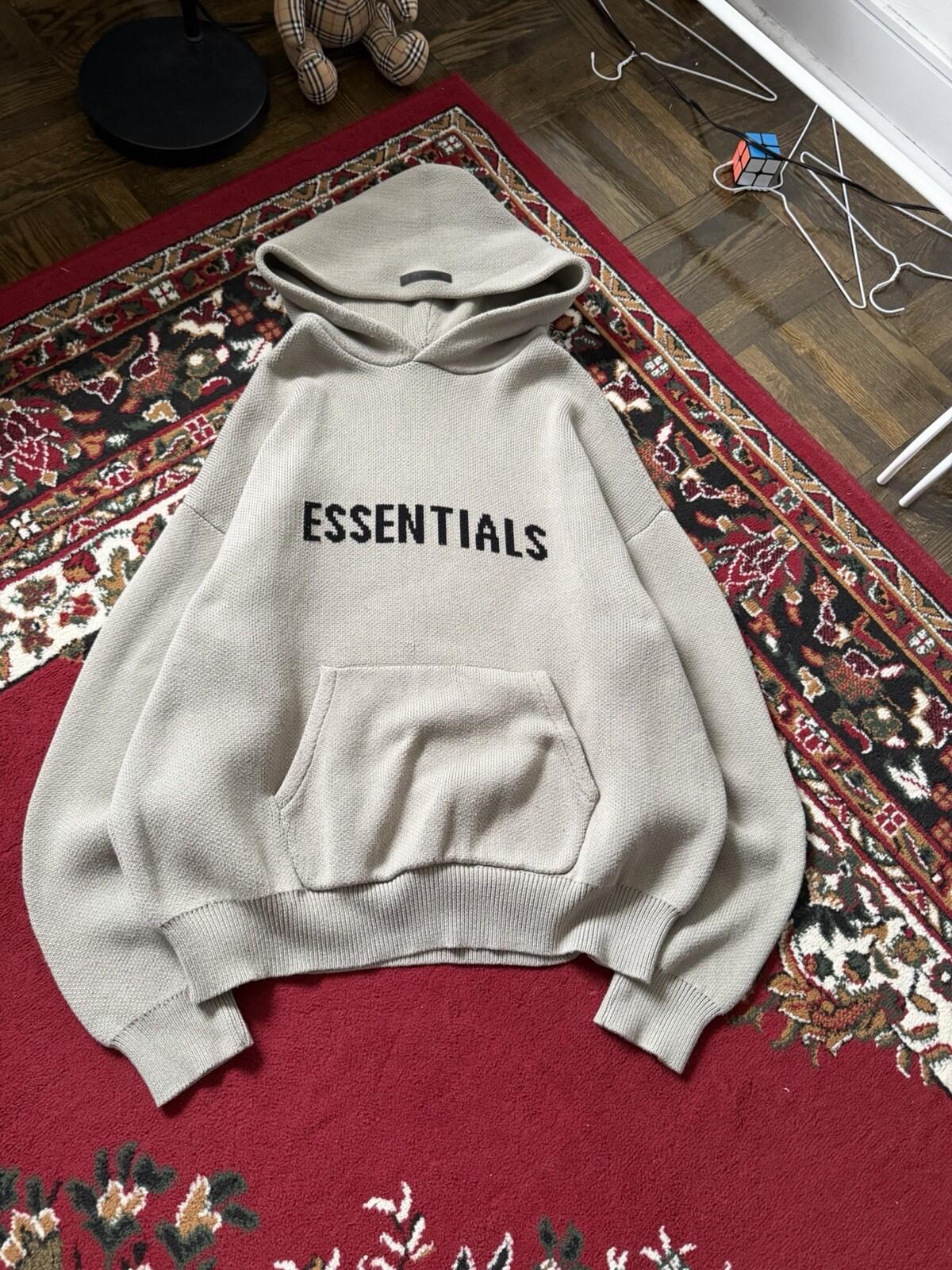 Fear of God Essentials Cream Logo Pullover Hoodie Sweatshirt Knit XL