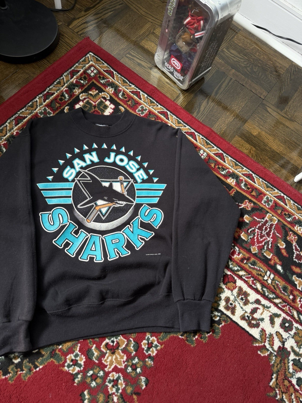 Vintage San Jose Sharks 1993 Men Sweatshirt Pullover Crew Bite Logo Hockey Sz M