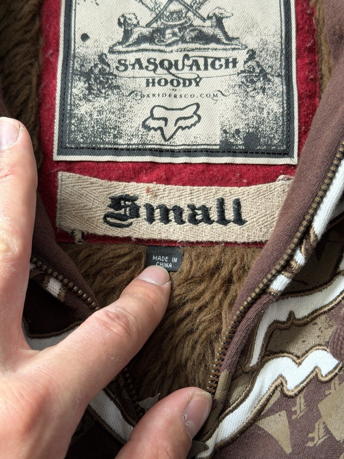 Vtg Y2K Fox Racing Sasquatch Fur Lined Full Zip Hoodie Small Mocha Brown Jacket