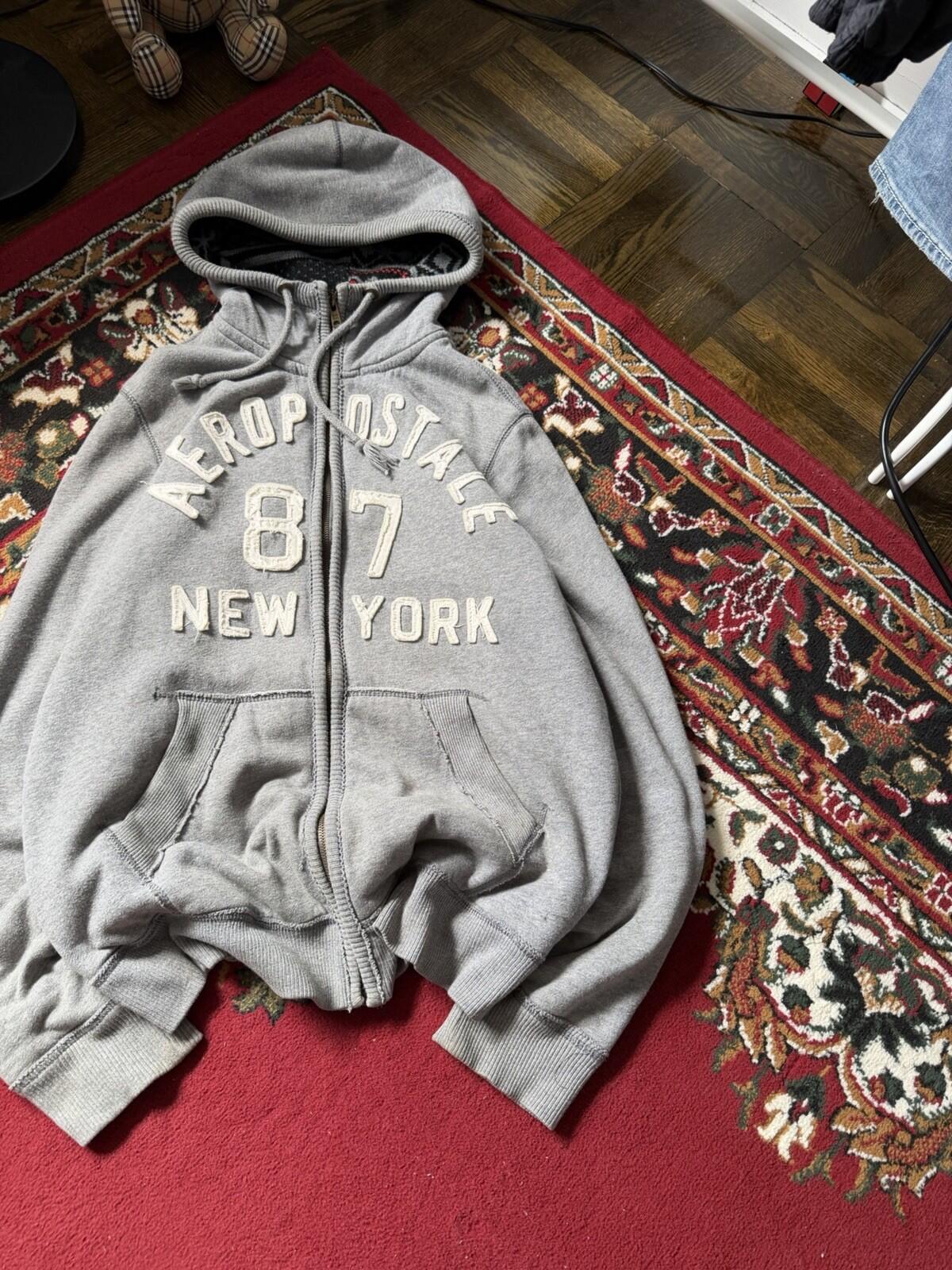 Y2K Aeropostale Faux Fur Vintage Grunge Gray Jacket Hoodie Large
