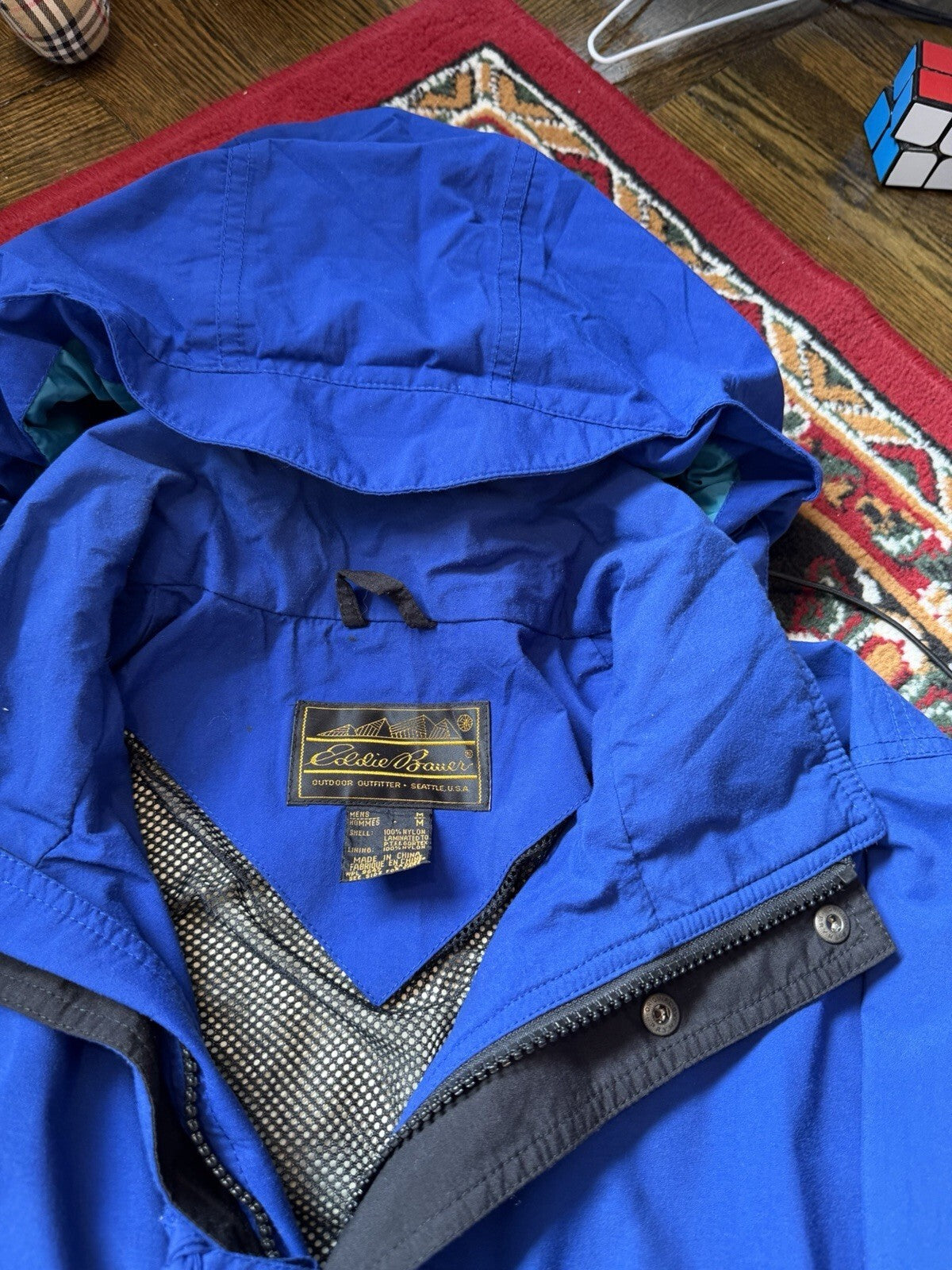 Vintage Eddie Bauer Jacket Mens Medium Purple Teal Gore-Tex Hooded Rain Coat 90s