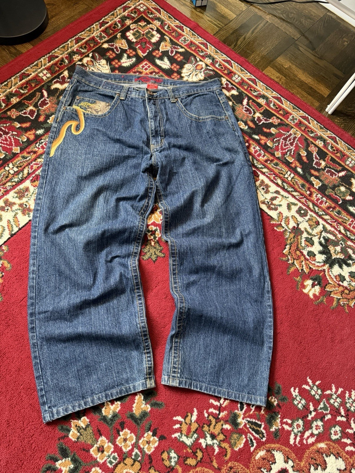 Vintage Request Lion Print Jeans Men 38/32 Blue Denim Embroidered Y2K 90s Skater