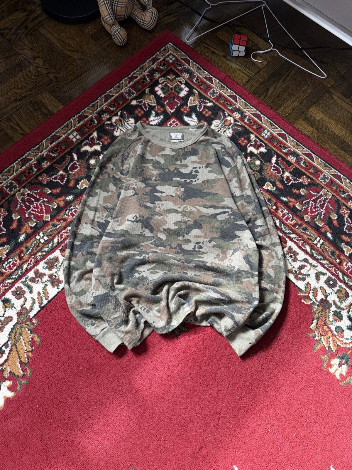 Y2K Volcom Stone Camo Thermal Waffle Knit Vintage Shirt Men L Sweater Skater