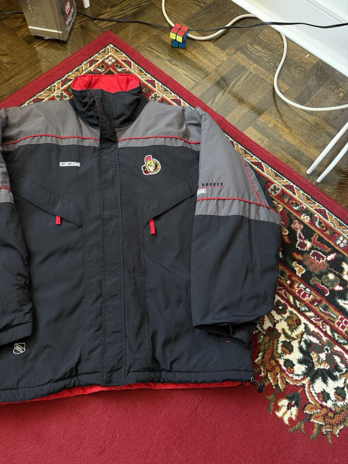 Vintage CCM NHL Ottawa Senators Jacket Mens XL Hockey Black Gray Parka