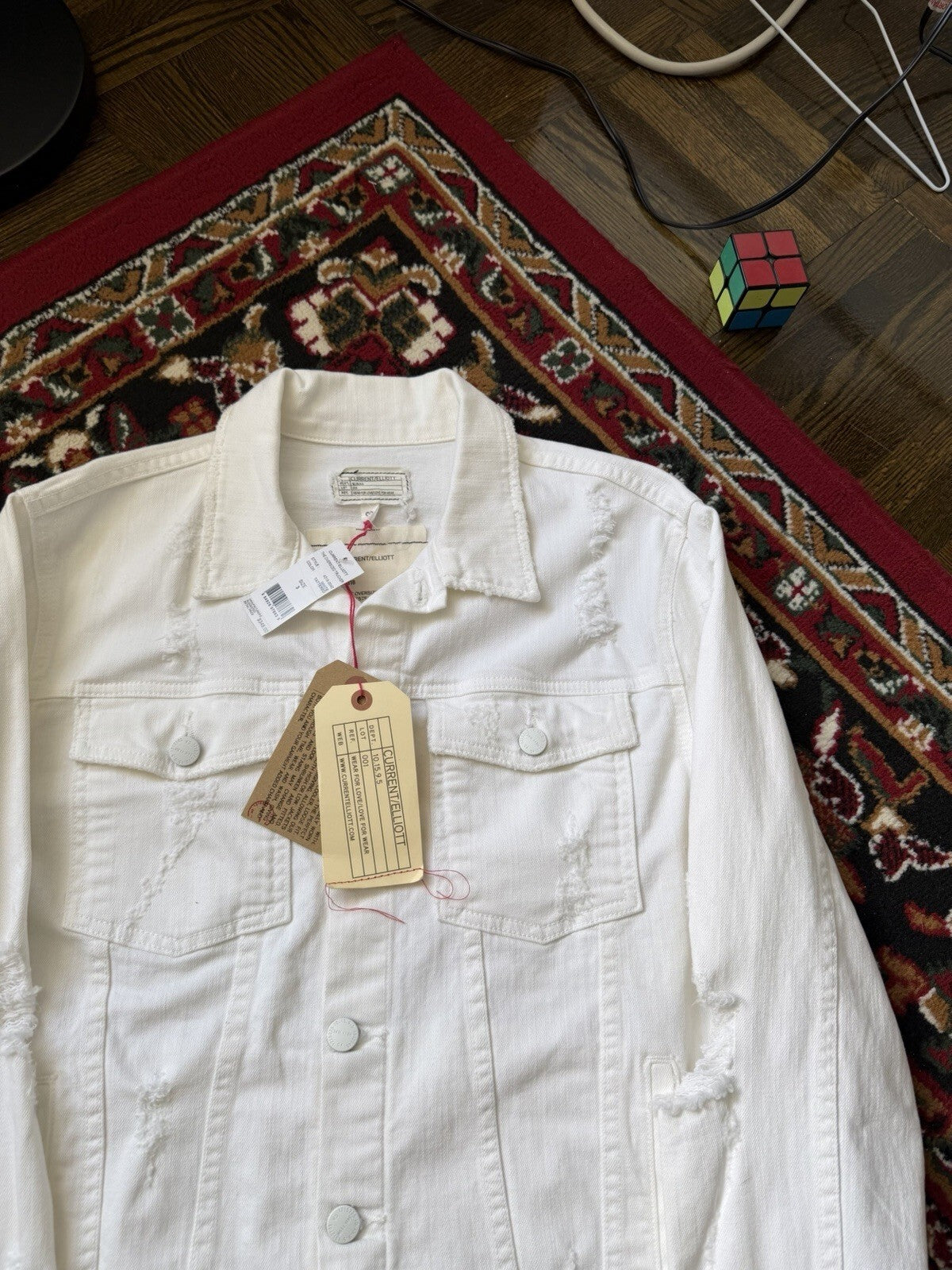 CURRENT / ELLIOTT Distressed Cotton Trucker Denim Jacket White Size 3