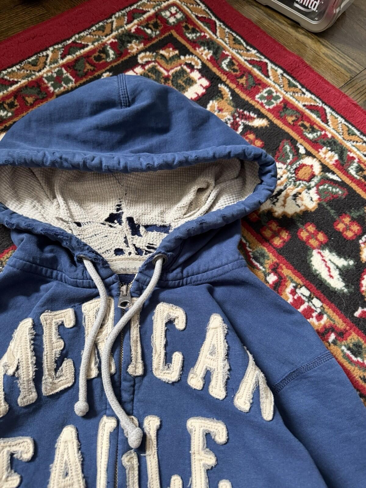 Vintage Y2K American Eagle Zip Hoodie Thermal Hood Distressed Mens Small Grunge