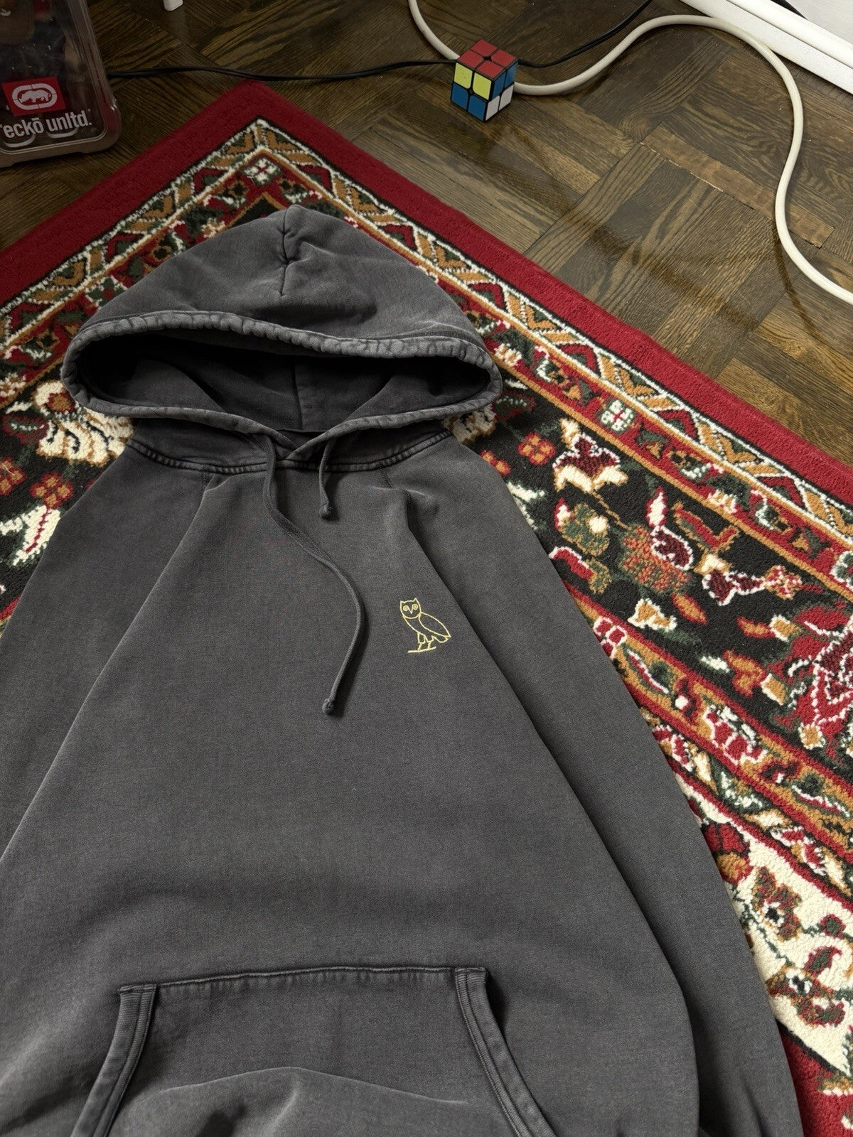October's Very Own OVO Drake Pigment Dyed Owl Logo Hoodie Sweatshirt Off Black S