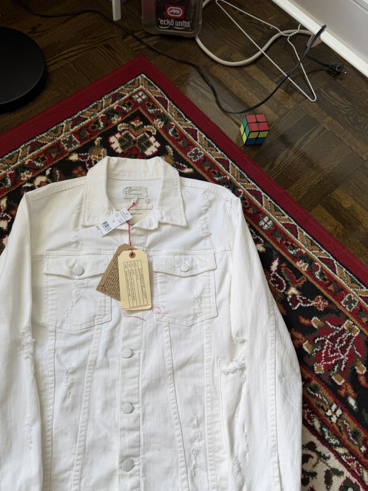 CURRENT / ELLIOTT Distressed Cotton Trucker Denim Jacket White Size 3