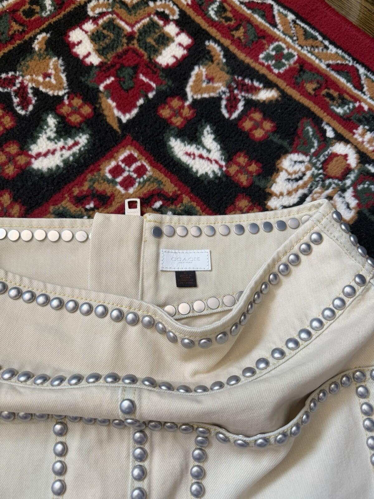 Coach Bleached Denim Mini Skirt Tan White Studded Rivets Pockets Size 0