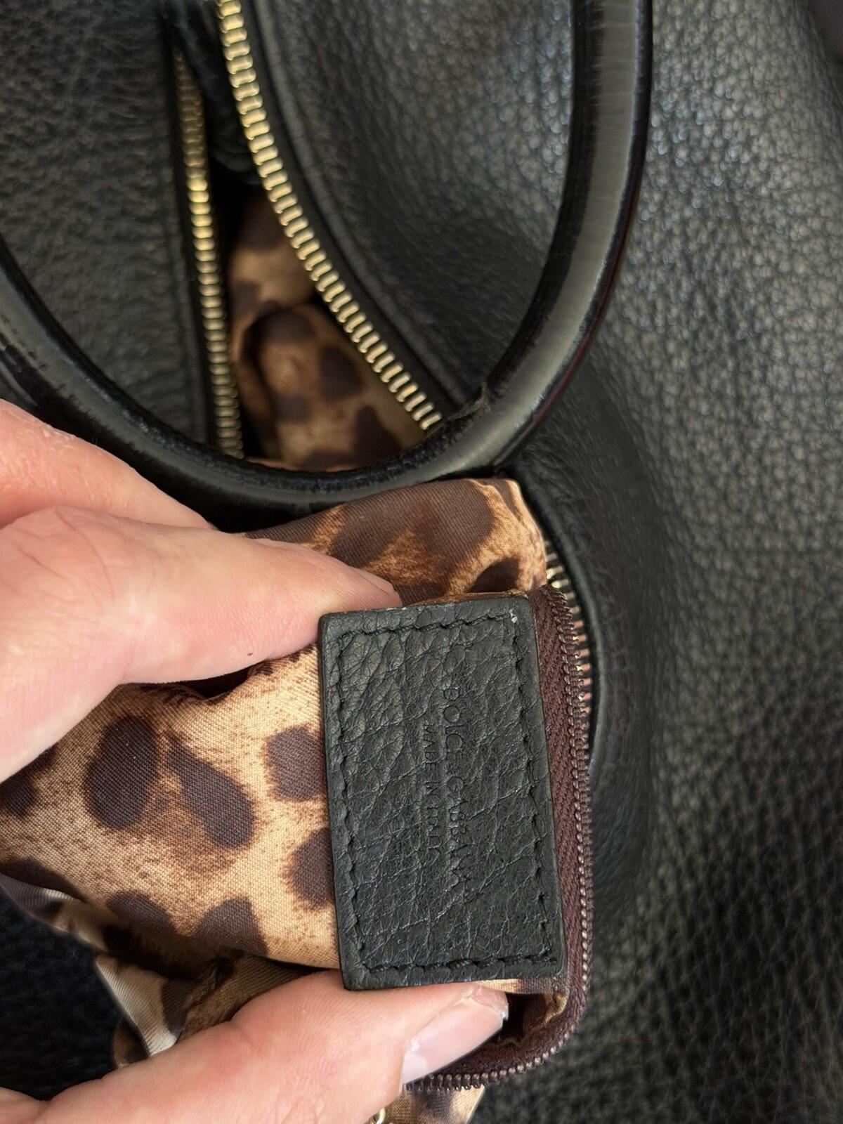 Dolce & Gabbana Y2K Black Pebbled Leather Buckle Shoulder Bag Leopard Lining