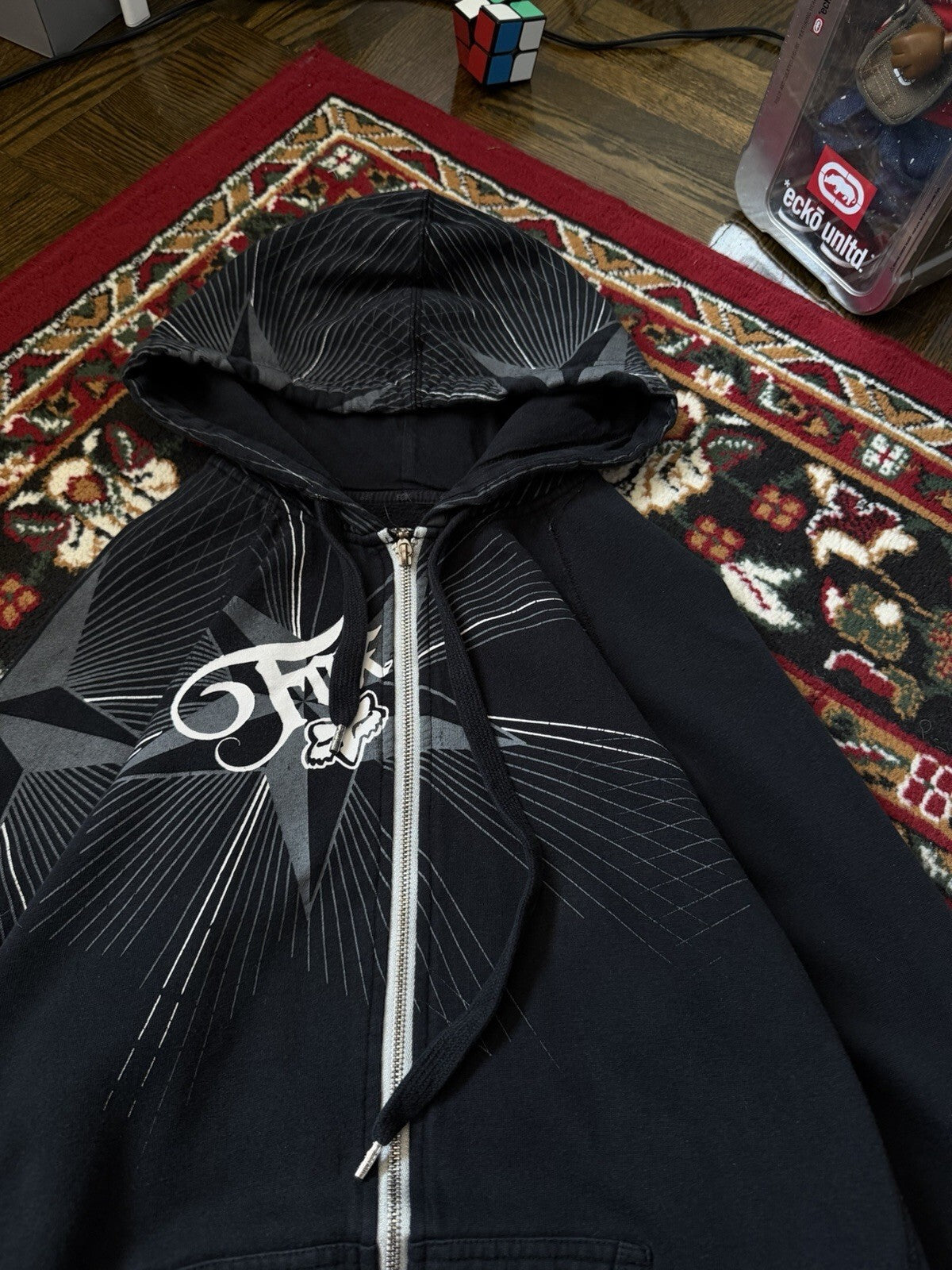 Y2K Fox Vintage All Over Print Grunge Women's XL Black Full-Zip Up Hoodie