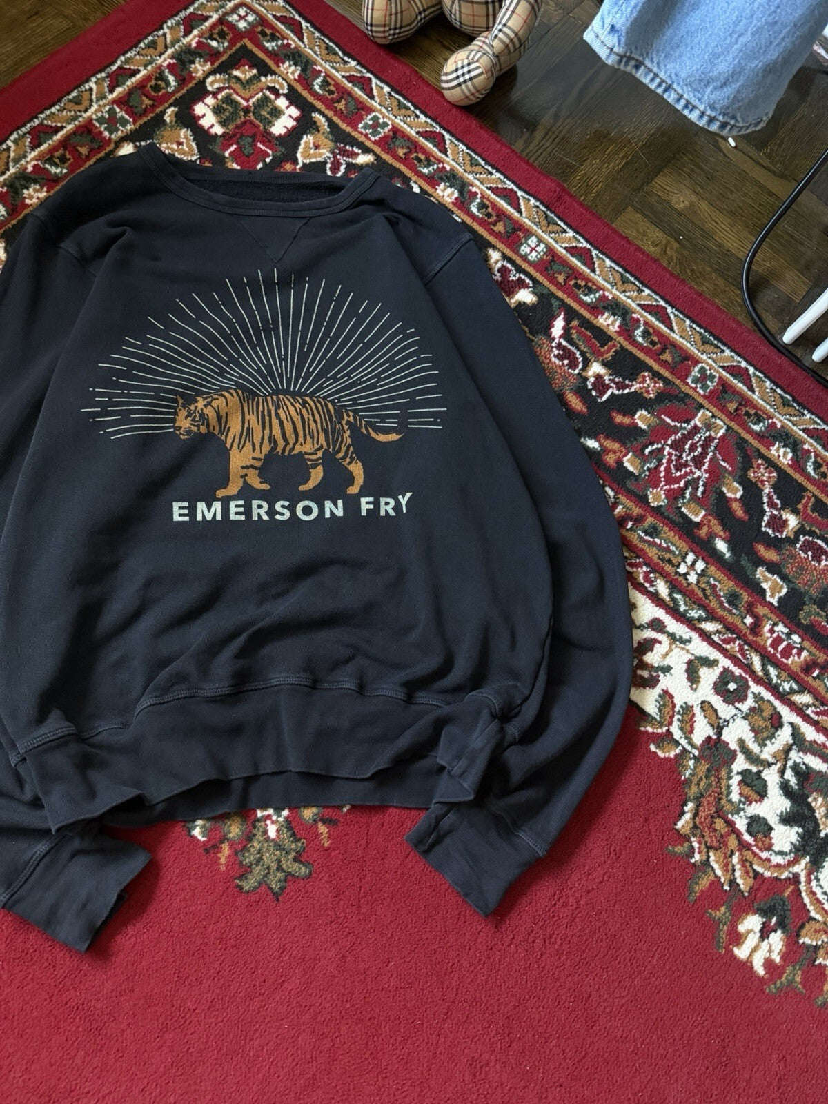 Emerson Fry Sweatshirt Womens Medium Black French Terry Crewneck Tiger USA Made