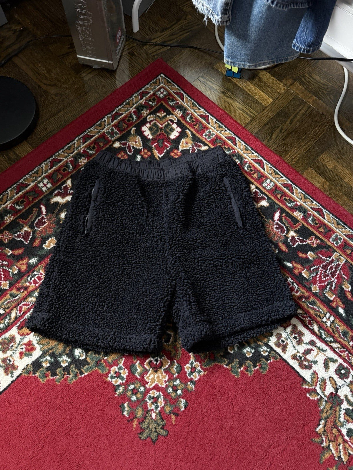 Stussy Sherpa Fleece Shorts Black Embroidered Logo Zipper Nylon Pocket