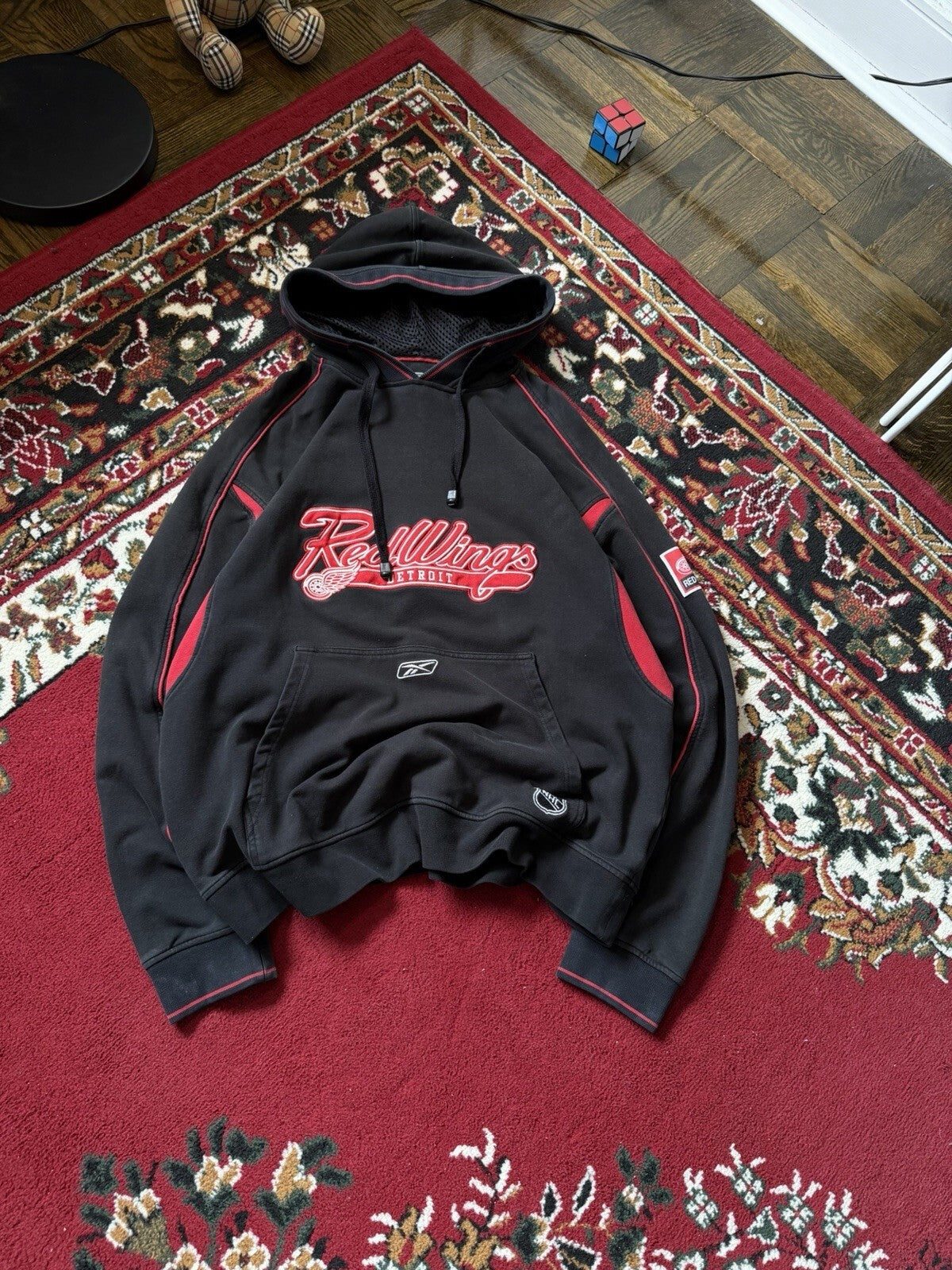 Vintage Detroit Red Wings NHL Reebok Pullover Hoodie Sweatshirt Black Adult L